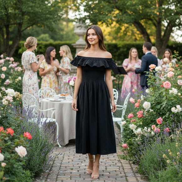 Hill House Home Dresses & Skirts - Hill House Akilah Nap Midi Dress XS Black Cottage Regencycore Smocked Ruffle